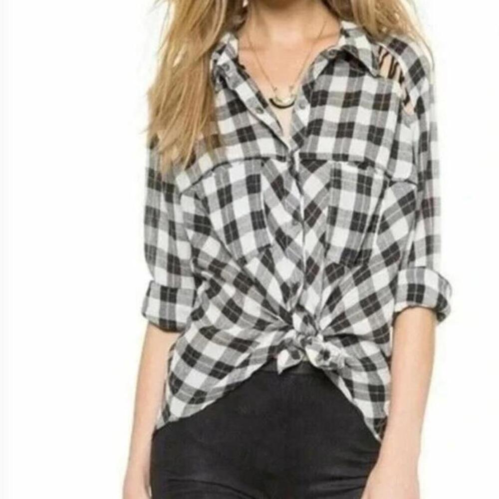 Free People Black and White Plaid Button-Up Blouse